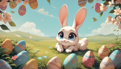 Wall Mural - Japanese anime style image Easter holiday theme with a cute white rabbit with hand painted and colored eggs for children or to celebrate the day.