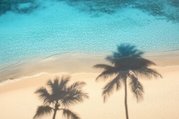 Wall Mural - Aerial view of palm tree shadows projected on a white sand beach with turquoise water gently lapping at the shore, creating a serene and idyllic tropical paradise scene