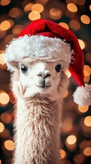 Wall Mural - alpaca in Santa hat, vibrant festive background, soft fur textures, glowing holiday lighting, cheerful atmosphere, isolated warm background, playful charm