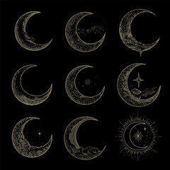 Wall Mural - vector illustration set of moon phases. different stages of moonlight activity in vintage engraving 