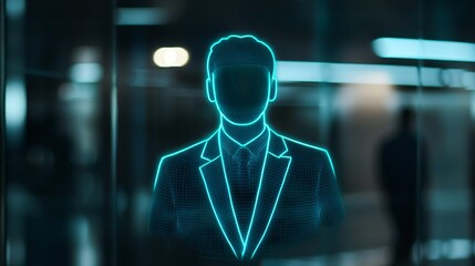 Poster - A glowing holographic figure in a suit, representing a futuristic digital avatar or identity.