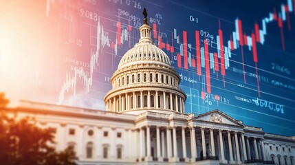 Poster - Capitol building with financial graphs symbolizing economic trends and governance.