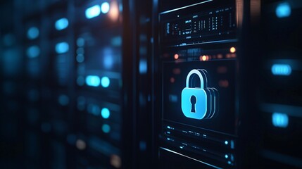 Poster - Digital security concept featuring a padlock symbol on a server backdrop.