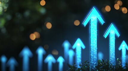 Poster - Glowing blue arrows pointing upward against a dark background with bokeh lights.