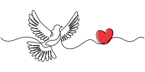 Fototapete - Couple of dove with love one continous line vector illustration, valentines day element design, Bird flying with heart in continuous line art drawing. One outline of dove animal. Vector illustration.