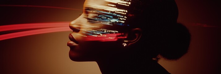 Poster - a woman's face is shown in a blurry, pixelated image. the image is a representation of the idea of a