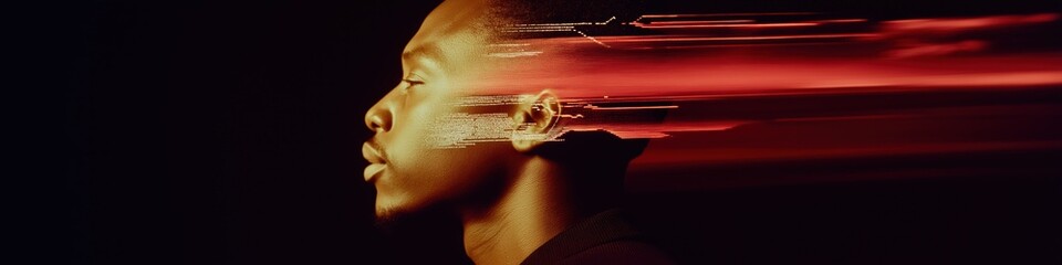 Poster - a man's face is blurred in a red and black background. the man's face is the main focus of the image