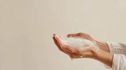 Hands cupped, holding cleansing foam, with water droplets falling.