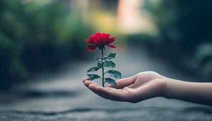 Poster - A Delicate Red Rose Held in a Hand on a Serene Pathway Surrounded by Nature's Beauty, Symbolizing Love and Care