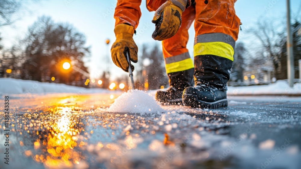 City Worker Spreading Salt on Icy Sidewalk in Winter Wonderland Stock ...