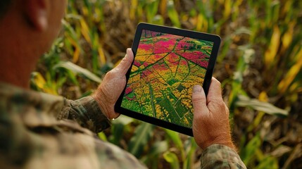 Farmer holding a tablet showing aerial images of a vibrant field.