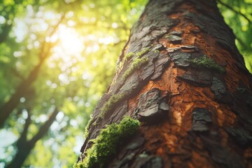 Sunlit forest tree trunk with moss, showcasing textured bark and vibrant green foliage.