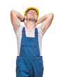© Alen-D - Carefree middle-aged construction worker holding her arms on head, isolated on white background. Laughing friendly repairman. Craftsman against white wall