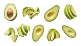 Set of fresh ripe avocado slices isolated on transparent PNG or white background.