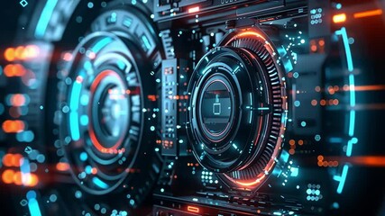 Poster - futuristic technology interface displaying a glowing padlock icon, symbolizing cybersecurity, data p