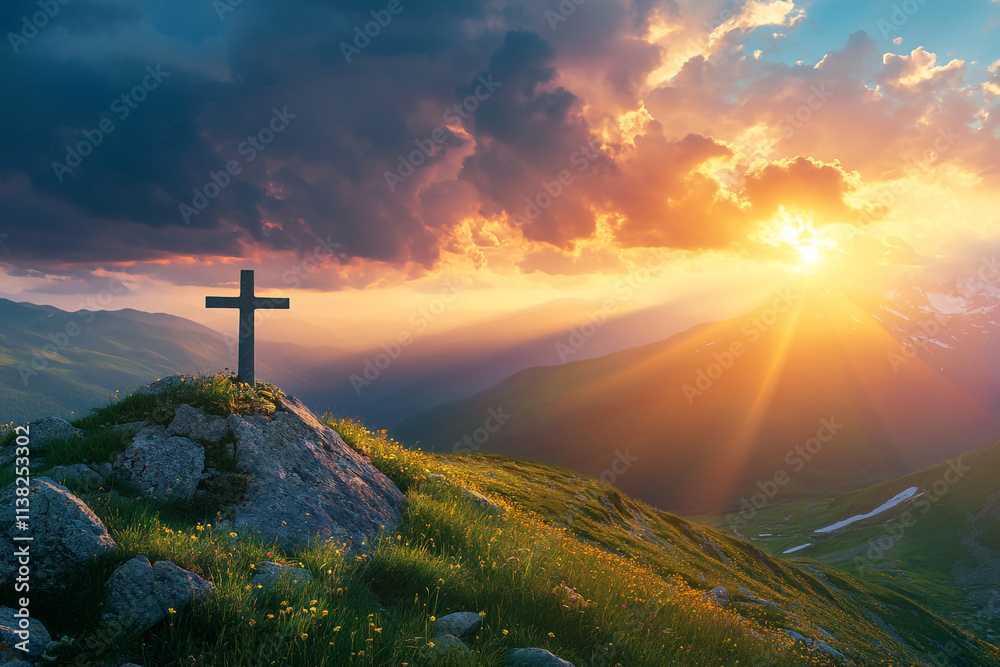Cross of Jesus Christ on the top of the hill with green grass and ...