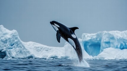Wall Mural - orca whale jumping out of the water near icebergs