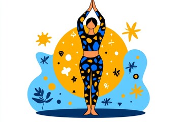 Poster - A clean icon of a yoga pose, surrounded by geometric shapes representing balance and strength, in a modern flat design style