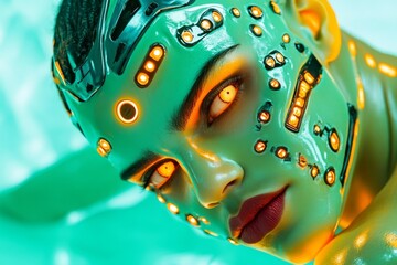Poster - A close-up of a man face with cybernetic enhancements, glowing elements integrated into his skin