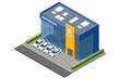 © Golden Sikorka - A large isometric car showroom with multiple white cars displayed outside. The building has a bright blue and yellow facade and modern glass architecture. Dealership, showroom © Golden Sikorka - A large isometric car showroom with multiple white cars displayed outside. The building has a bright blue and yellow facade and modern glass architecture. Dealership, showroom