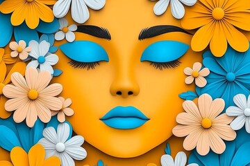 Aufkleber - A colorful 2D depiction of a serene face surrounded by flowers and pastel accents, perfect for a positive vibe