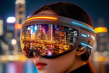 Poster - A cyberpunk-inspired face with neon-lit skin details, glowing eyes, and reflections of a futuristic city in the visor