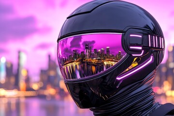 Poster - A cyberpunk-inspired face with neon-lit skin details, glowing eyes, and reflections of a futuristic city in the visor