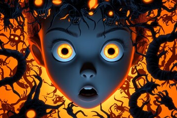 Aufkleber - A digital illustration of a child face illuminated by a flickering flashlight, their surroundings filled with shadowy creatures
