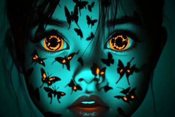 Aufkleber - A digital illustration of a child face illuminated by a flickering flashlight, their surroundings filled with shadowy creatures