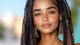 A youthful woman with braided hair and a sunlit glow, wearing elegant earrings and a colorful top, stands confidently, exuding vibrancy and individuality in the open air.