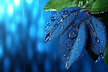 Poster - A dramatic macro shot of a blue hydrangea bloom, with water droplets and soft natural light enhancing its texture