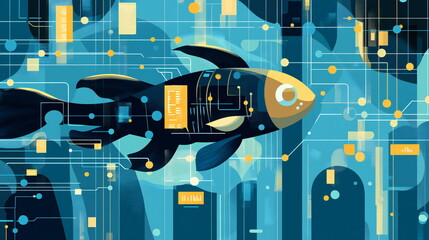 Fototapete - Colorful digital fish swimming through a vibrant network of artificial intelligence elements in a modern abstract setting