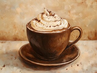 A beautifully rendered illustration of a creamy cappuccino in a brown cup, adorned with whipped cream and a sprinkle of cocoa