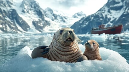 Wall Mural - Walrus and her pup relaxing on ice floe in arctic waters