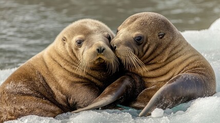 Wall Mural - Walrus mother and pup relaxing on ice floe