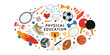 © WinWinFolly - Physical education training, lesson at school, sports and active lifestyle concept. Oval art with ball, racket, sneaker, dumbbell, jumping rope and cup. Vector illustration, hand drawn, flat