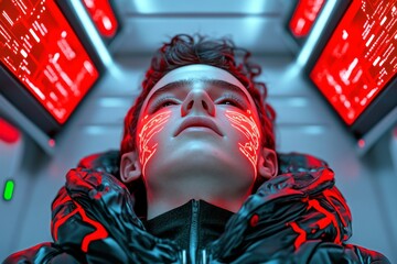 Aufkleber - A futuristic scene of a person surrounded by holographic screens displaying warnings, their face frozen in fear as glowing red lights surround them