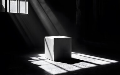 Poster - A minimalistic black and white image of a solitary cube illuminated by soft rays of light, creating a striking contrast with shadows, perfect for artistic or conceptual projects.