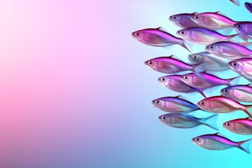 Aufkleber - A geometric design of a school of fish swimming in formation, using abstract shapes and vibrant colors to suggest movement