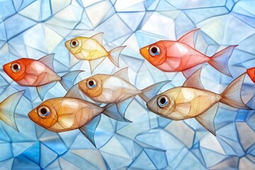 Aufkleber - A geometric design of a school of fish swimming in formation, using abstract shapes and vibrant colors to suggest movement