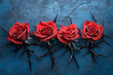 Aufkleber - A gothic arrangement of deep red roses intertwined with black thorns, set against a dark, dramatic background with faint candlelight