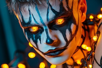 Poster - A gothic depiction of a pale face with dark makeup, surrounded by shadows and eerie glowing lights
