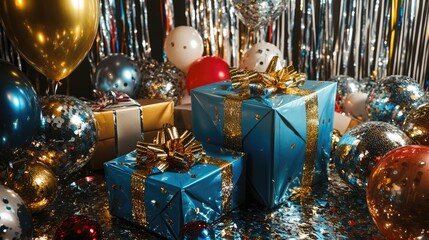 Poster - Presents wrapped in shiny blue and gold paper, surrounded by New Year's decorations like silver streamers, confetti, and bright balloons, all ready for the celebration.