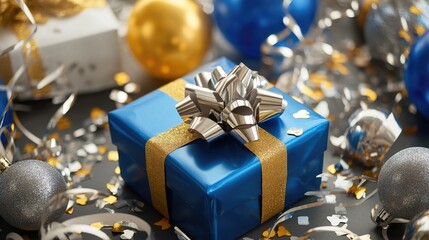 Poster - Presents wrapped in shiny blue and gold paper, surrounded by New Year's decorations like silver streamers, confetti, and bright balloons, all ready for the celebration.