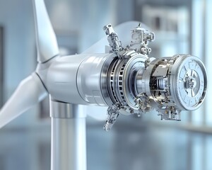 Poster - Close-up of a modern wind turbine component showcasing intricate design and engineering, symbolizing advanced renewable energy.
