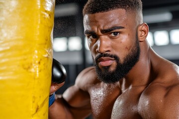 Poster - A man punching a heavy bag in a boxing gym, with sweat flying and an intense focus on his face