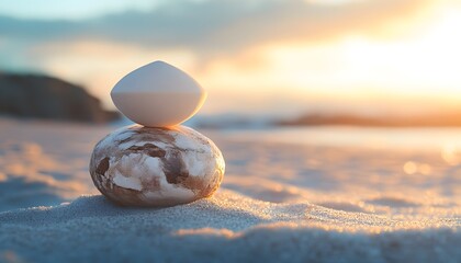 Poster - Balanced Composition of Seashell and Stone on Sandy Beach at Sunset Highlighting Nature's Serenity and Tranquility with Soft Light and Gentle Waves in Background