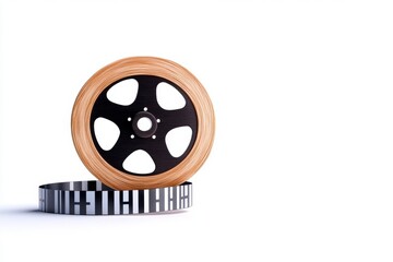 Poster - A minimalist illustration of a film reel with stylized curves and clean lines, rendered in monochrome on a plain white background