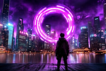 Poster - A neon-lit cyberpunk film set with holographic characters, glowing props, and futuristic cityscapes visible in the background