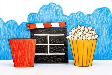 Poster - A playful 2D illustration of a clapperboard and popcorn bucket, drawn with bold, vibrant colors against a clean white canvas